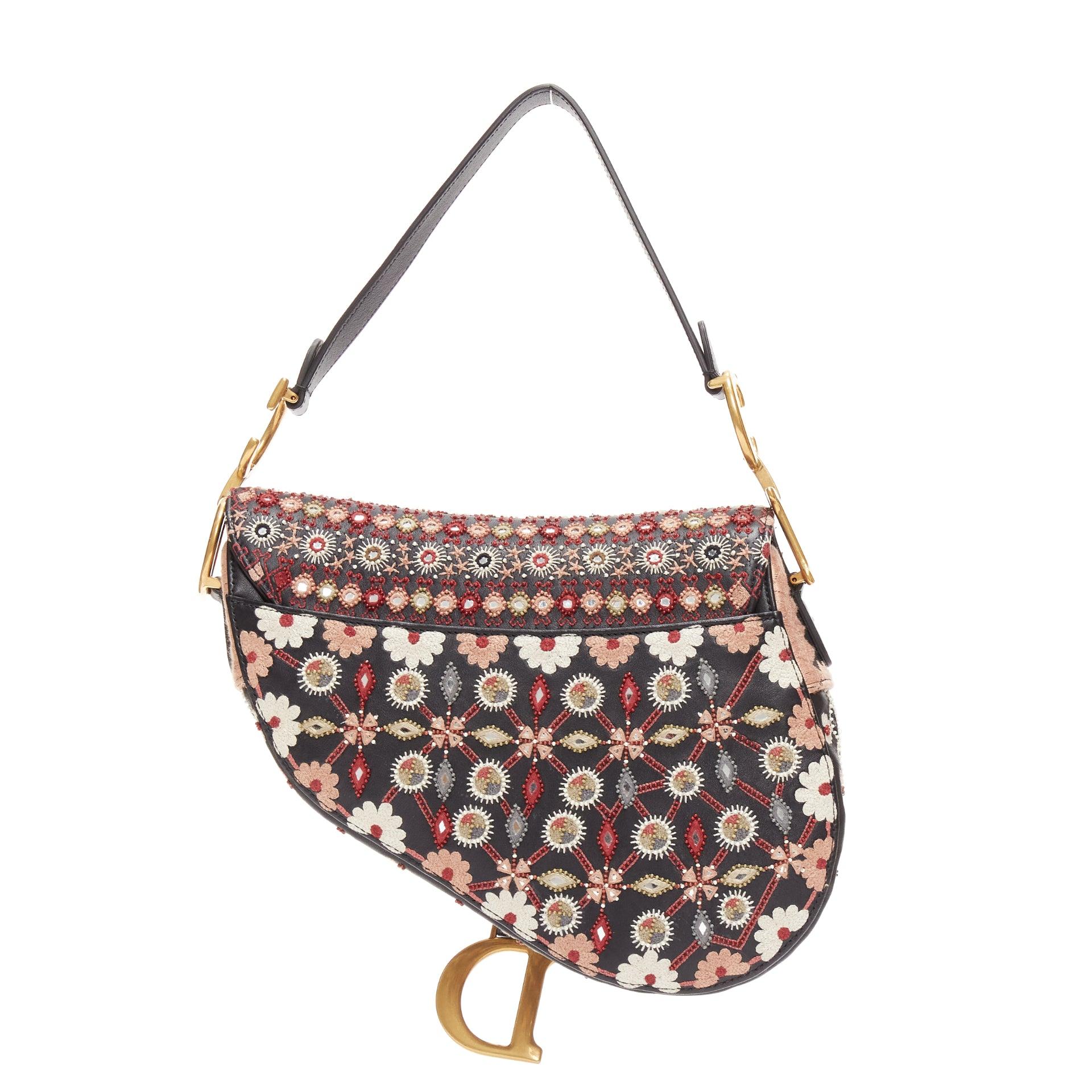 Women's CHRISTIAN DIOR Saddle Limited Edition black colourful ethnic beads shoulder bag For Sale