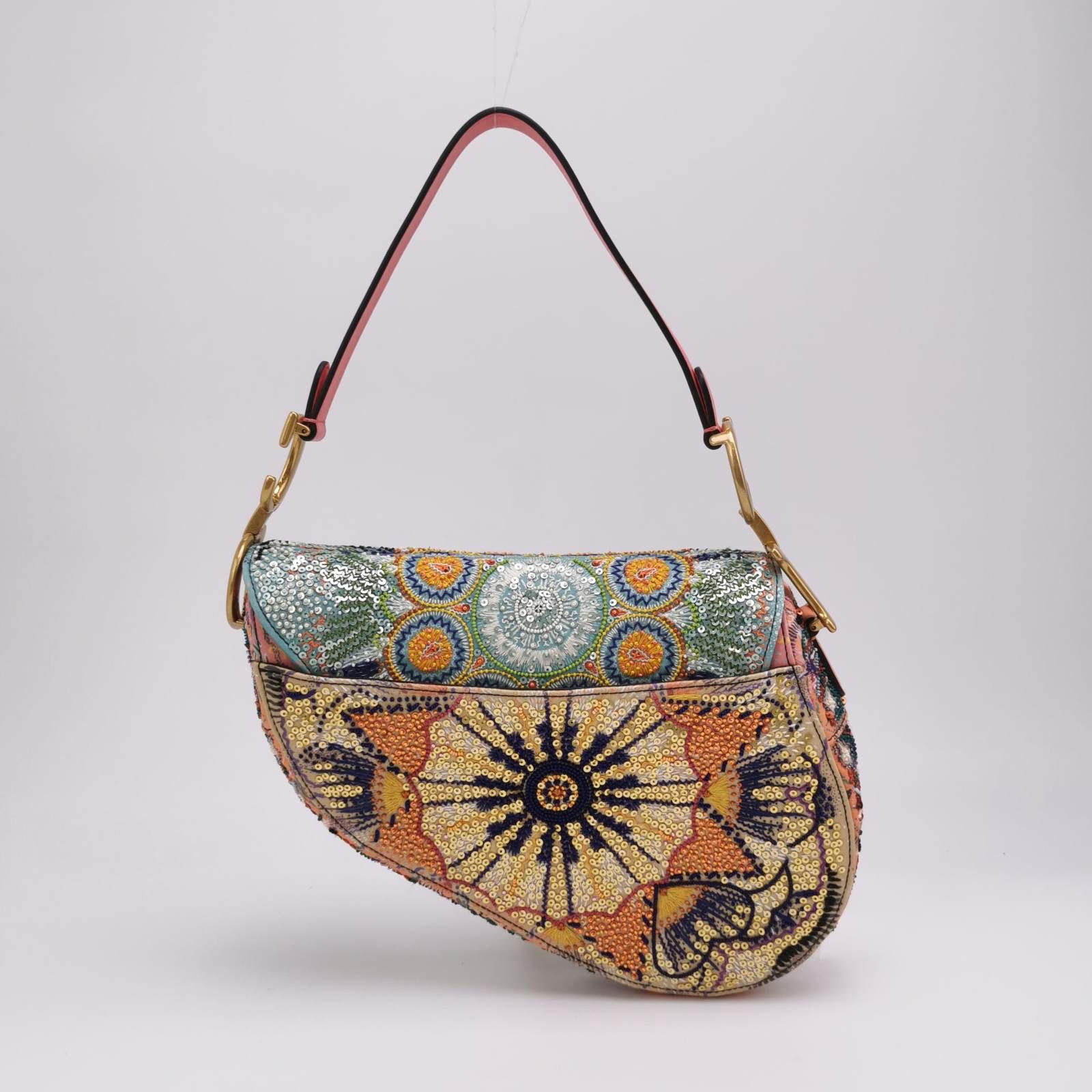 Women's Christian Dior Saddle Medium Multicolor Beads and Calfskin Leather Shoulder Bag