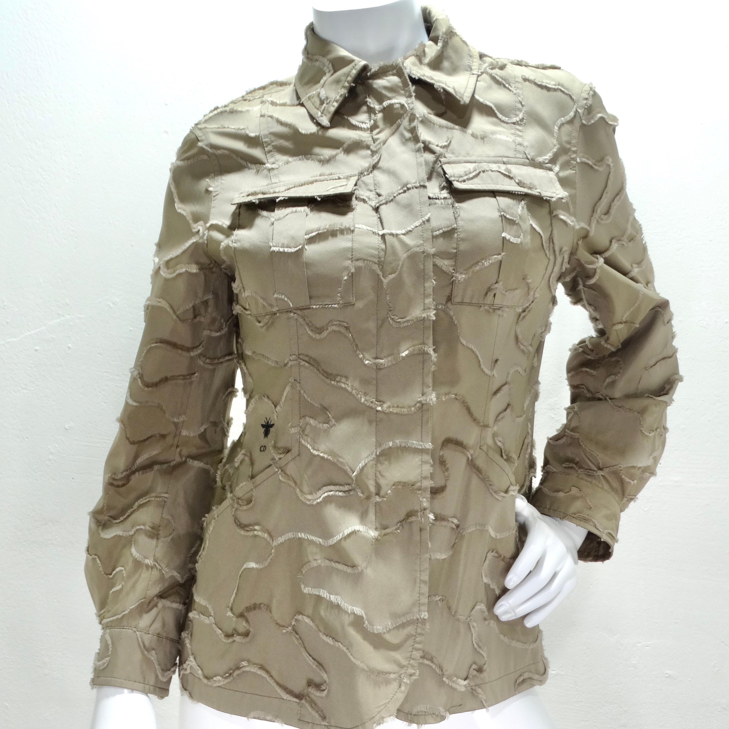 Elevate your style with this exquisite Christian Dior Safari Utility Jacket, Shorts, and Belt Set - a khaki 3-piece ensemble that exudes luxury and versatility. This ensemble features a textured camouflage-like print utility jacket, pleated