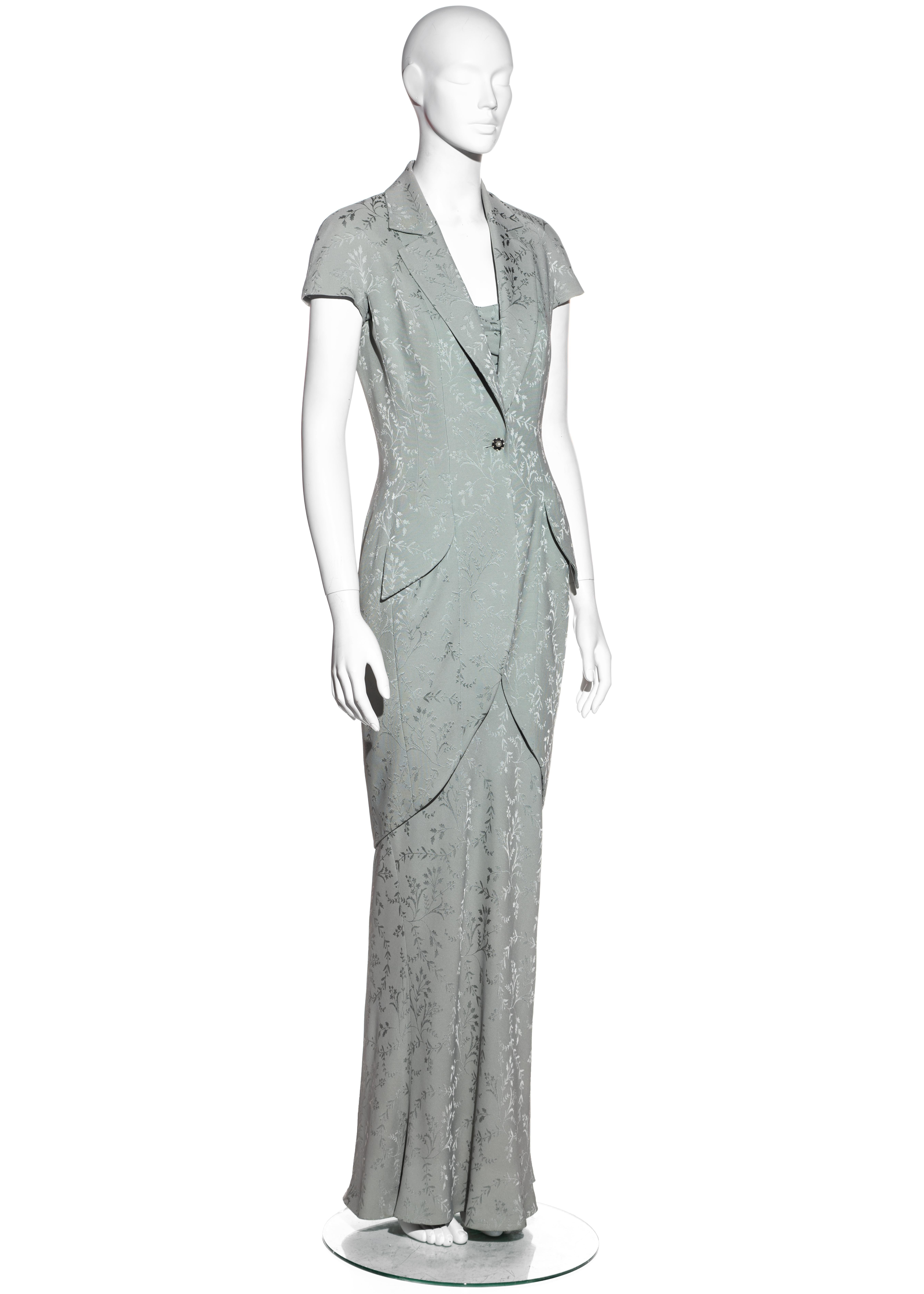 De las mujeres Conjunto de vestido de noche y chaqueta Christian Dior en jacquard de seda salvia, ss 1998