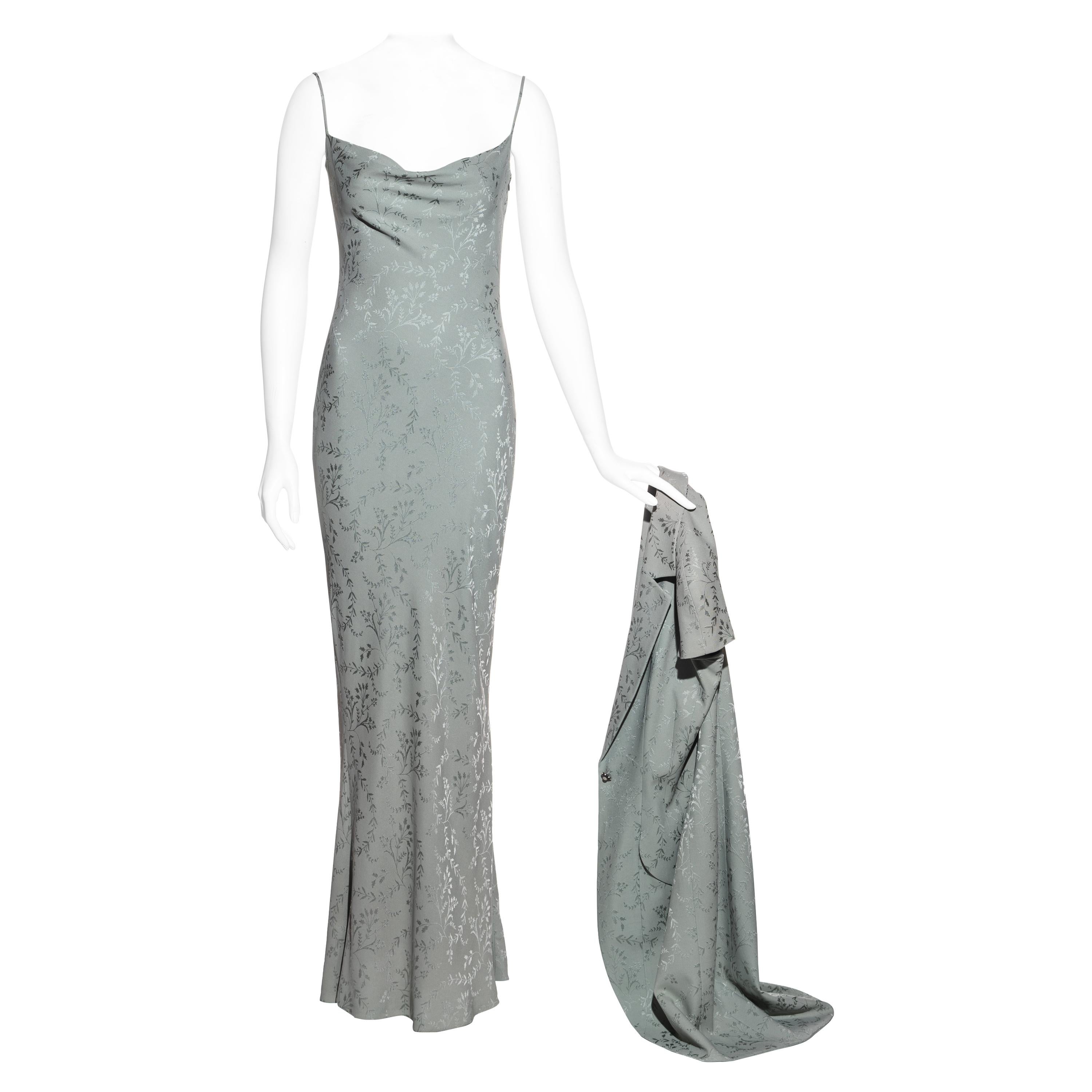 Christian Dior sage silk jacquard evening dress and jacket set, ss 1998