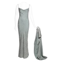 Conjunto de vestido de noche y chaqueta Christian Dior en jacquard de seda salvia, ss 1998