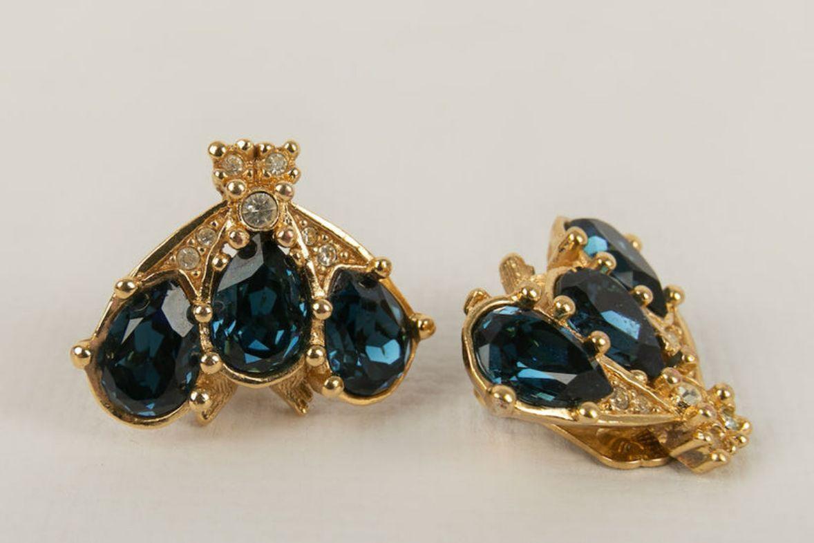 Christian Dior Set of Necklace and Earrings in Gold Metal and Blue Rhinestones For Sale 6