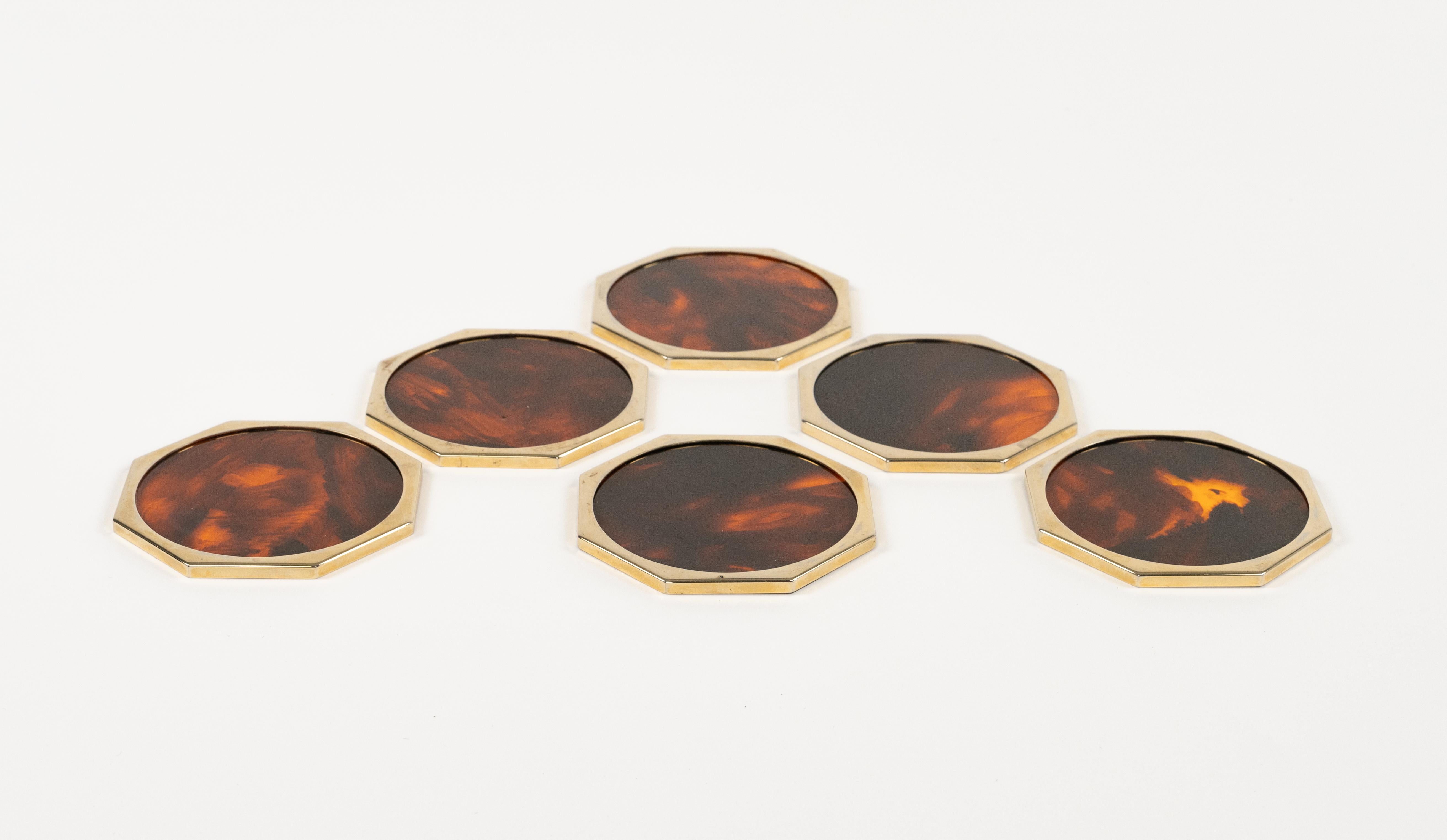 Christian Dior Set of Six Coasters Lucite Faux Tortoiseshell & Brass, Italy 1970 For Sale 3