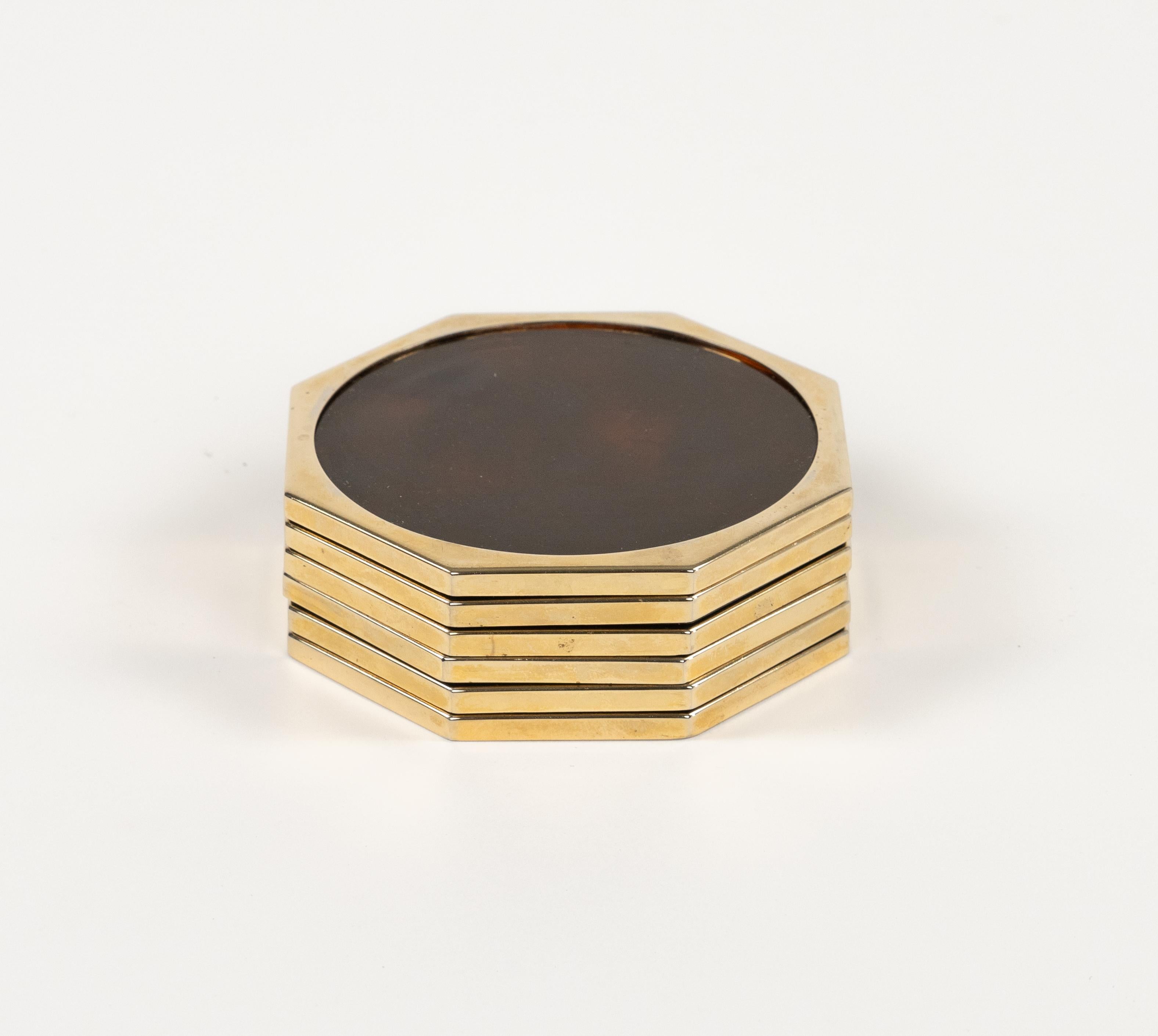Christian Dior Set of Six Coasters Lucite Faux Tortoiseshell & Brass, Italy 1970 4