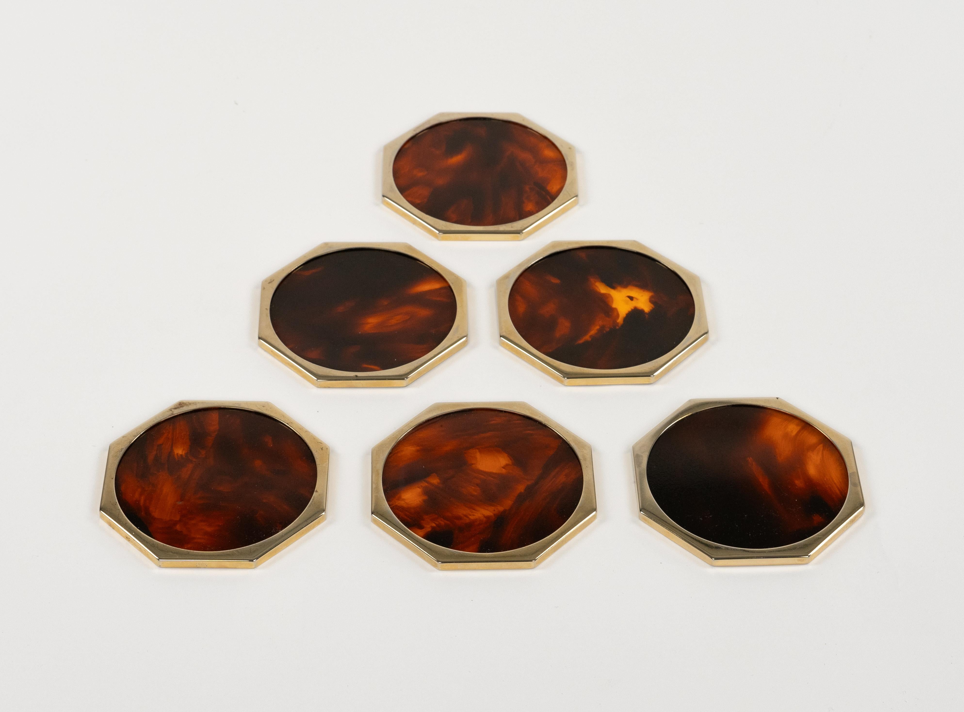 Italian Christian Dior Set of Six Coasters Lucite Faux Tortoiseshell & Brass, Italy 1970 For Sale