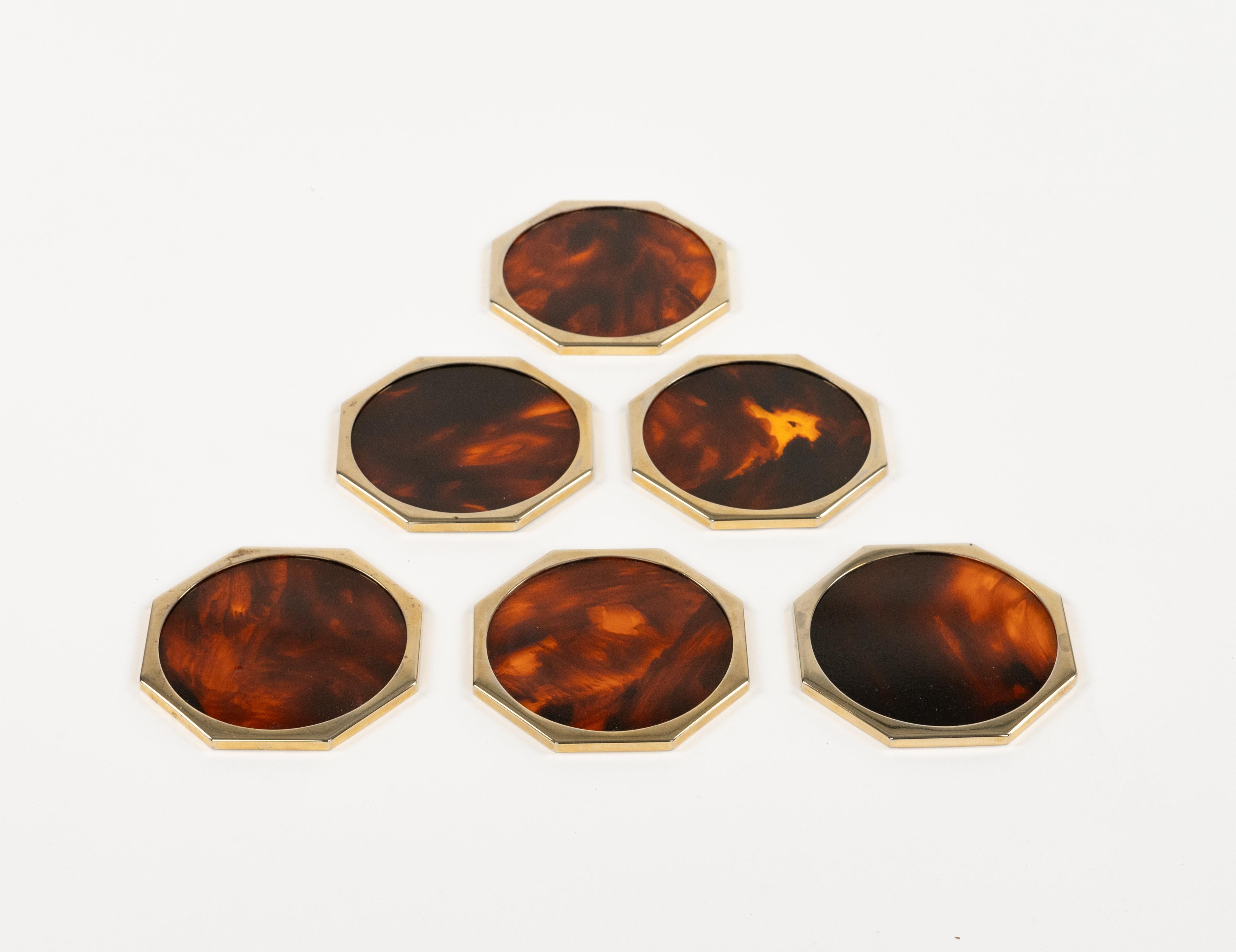 Late 20th Century Christian Dior Set of Six Coasters Lucite Faux Tortoiseshell & Brass, Italy 1970 For Sale