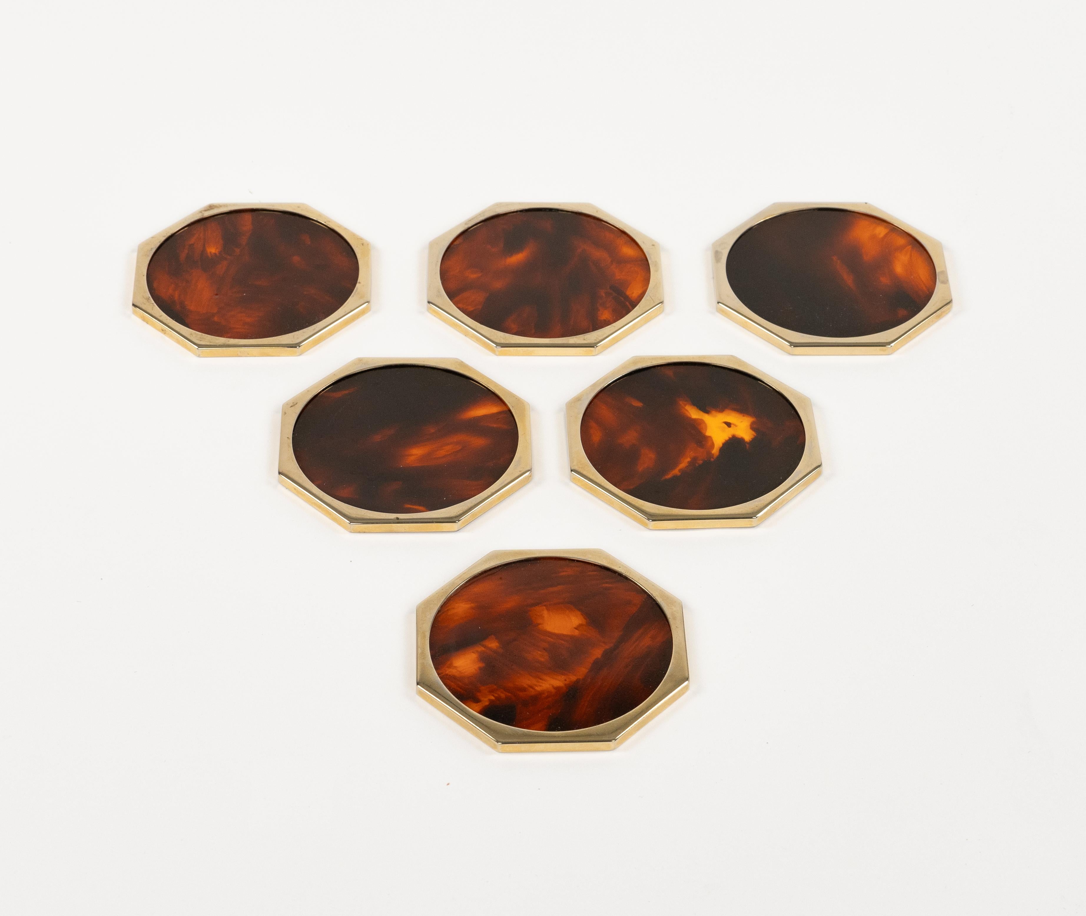Metal Christian Dior Set of Six Coasters Lucite Faux Tortoiseshell & Brass, Italy 1970 For Sale