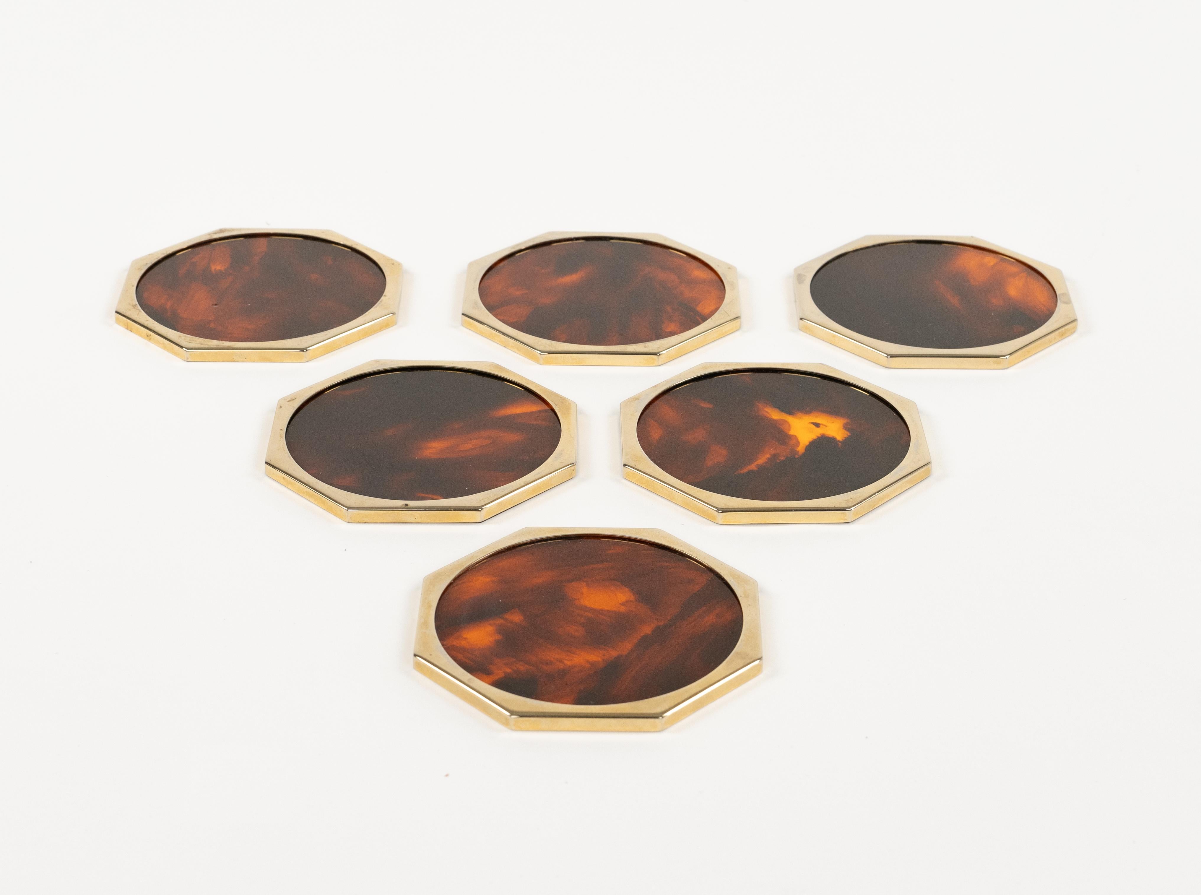 Christian Dior Set of Six Coasters Lucite Faux Tortoiseshell & Brass, Italy 1970 For Sale 1