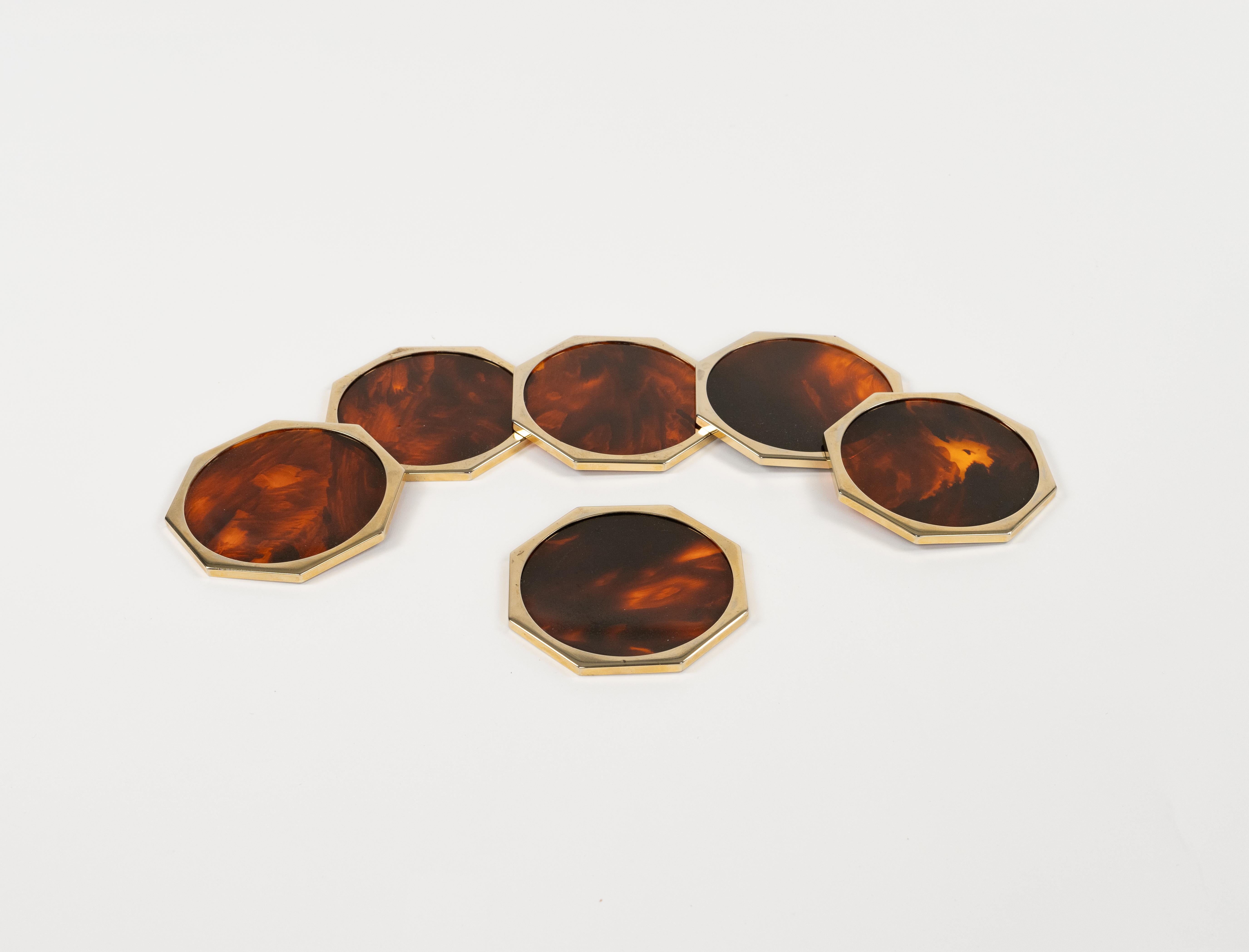 Christian Dior Set of Six Coasters Lucite Faux Tortoiseshell & Brass, Italy 1970 For Sale 2