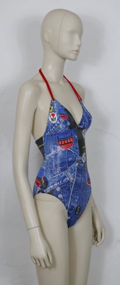 Christian Dior Shiny Wet Look Trompe L'oeil Denim Print One-Pïece Swimsuit