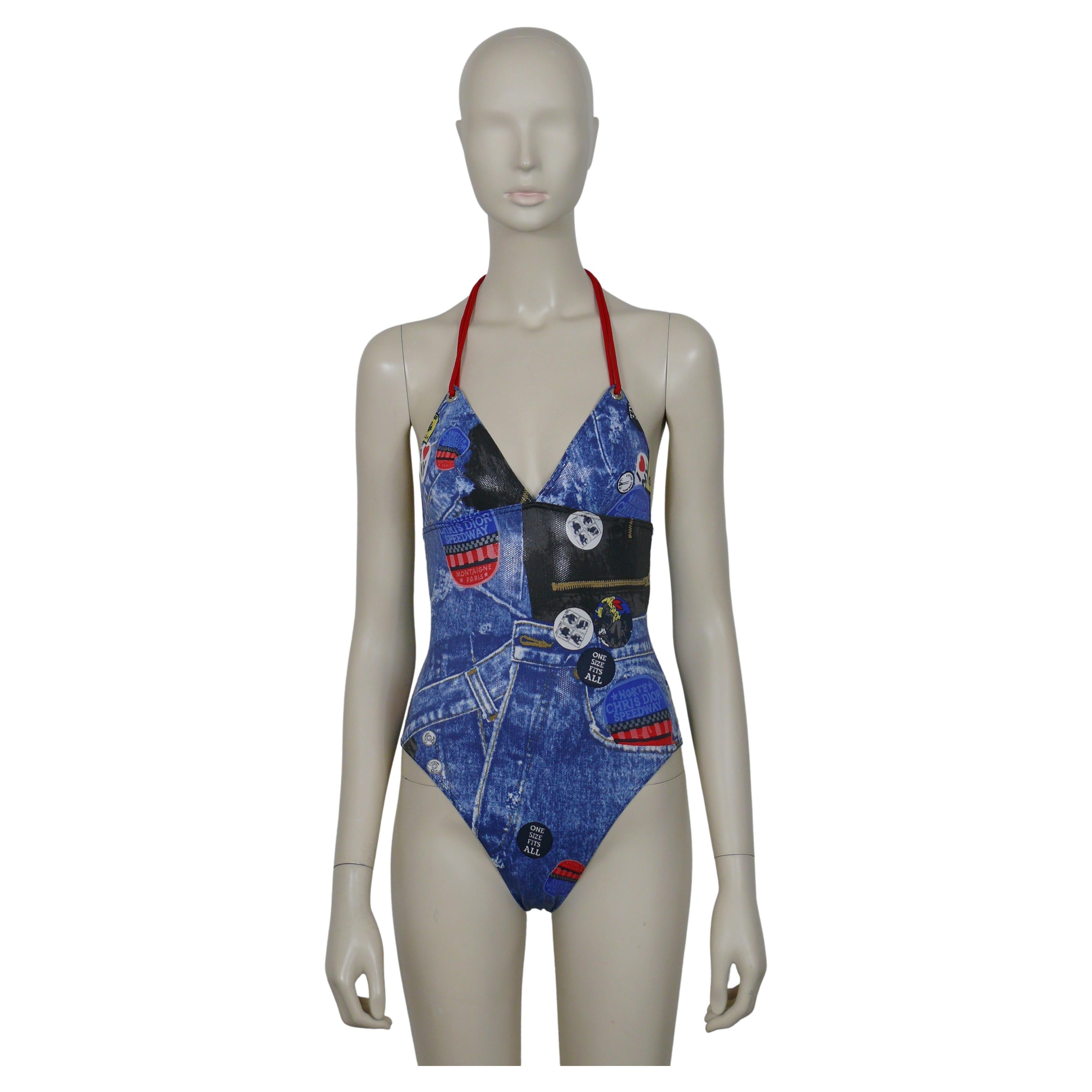 Christian Dior Shiny Wet Look Trompe L'oeil Denim Print One-Pïece Swimsuit For Sale