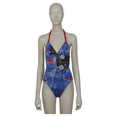 Christian Dior Shiny Wet Look Trompe L'oeil Denim Print One-Pïece Swimsuit