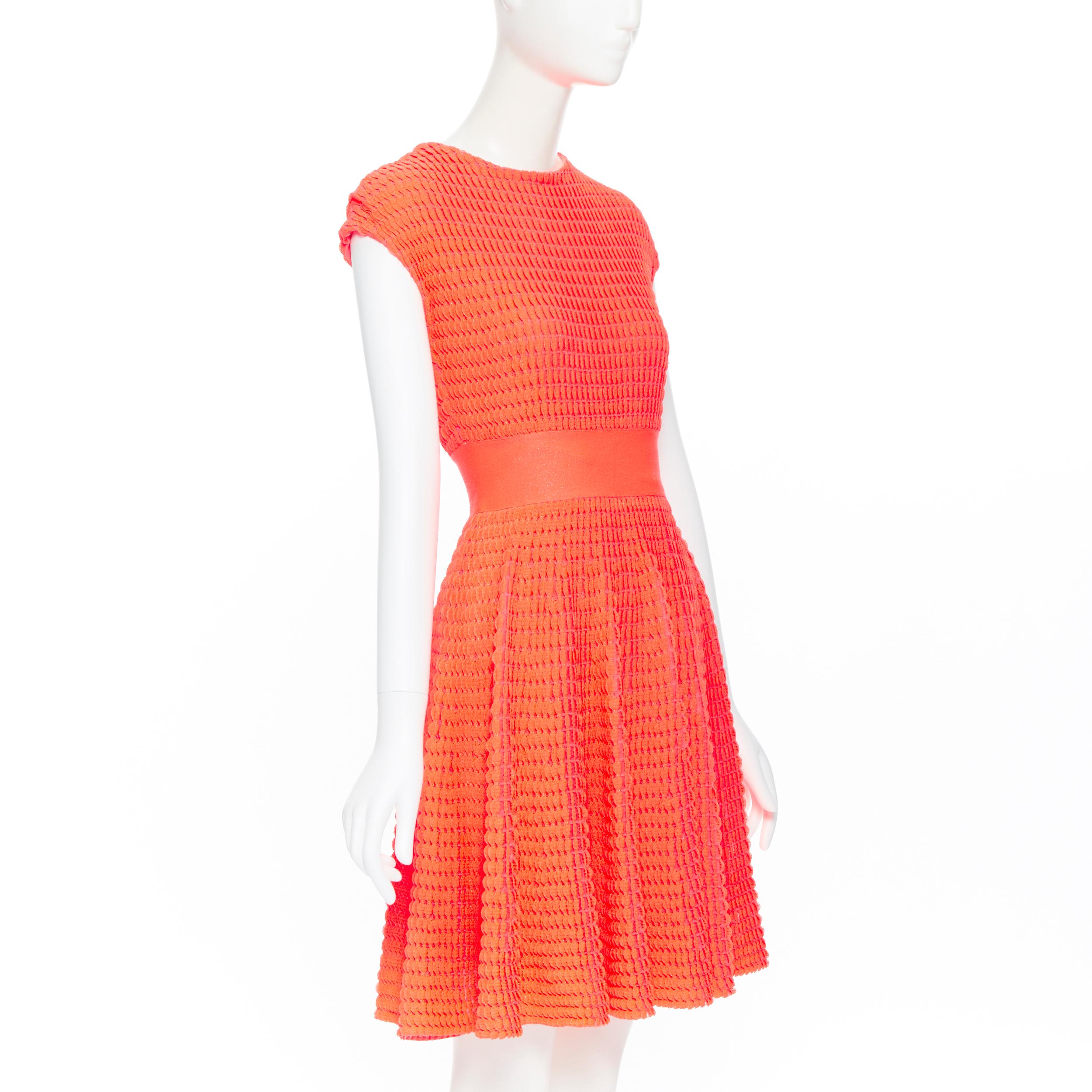 CHRISTIAN DIOR shocking neon pink scallop textured knitted fit flare dress FR36 In Excellent Condition In Hong Kong, NT