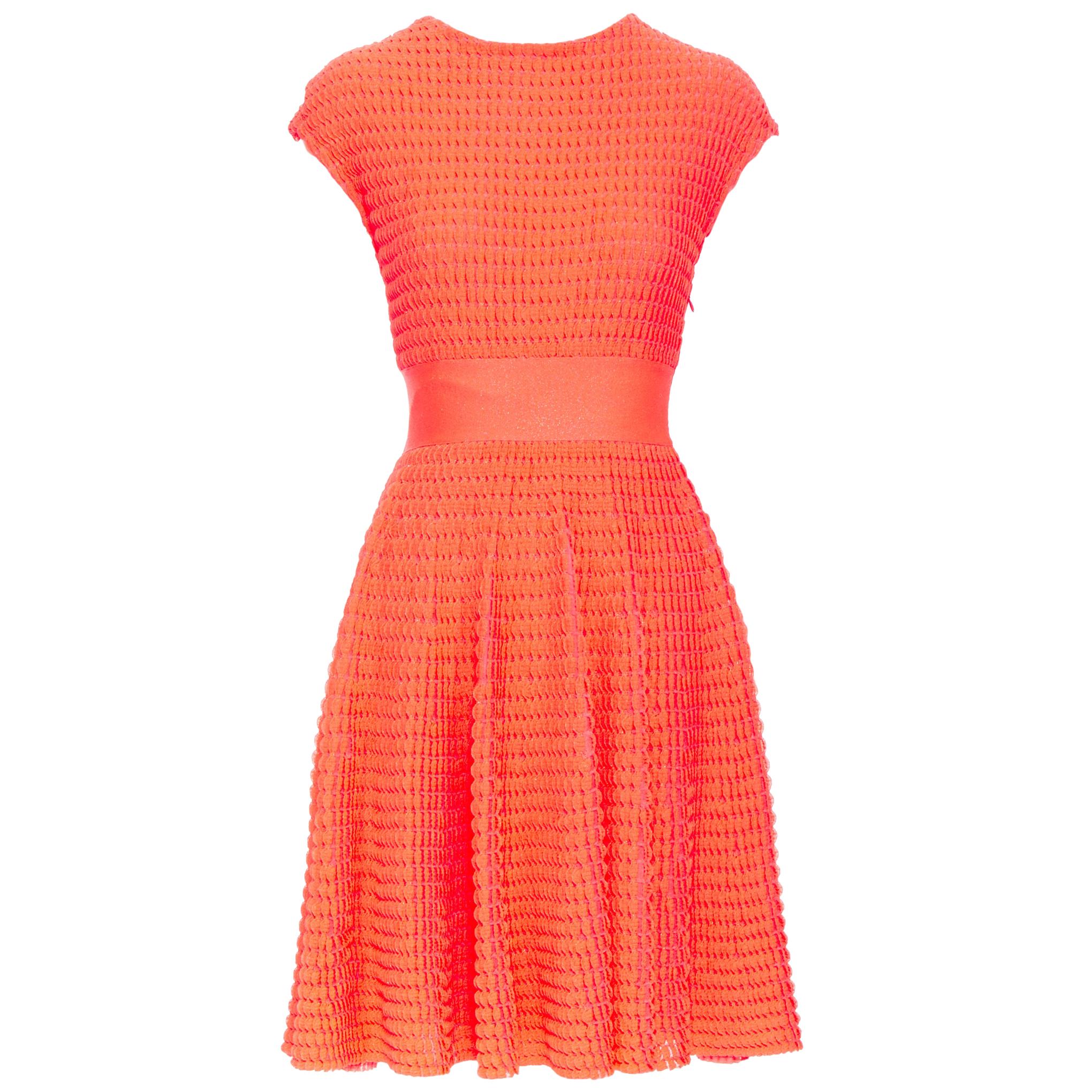 CHRISTIAN DIOR shocking neon pink scallop textured knitted fit flare dress FR36