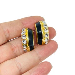 CHRISTIAN DIOR signed gold plated enamel crystal designer clip on earrings