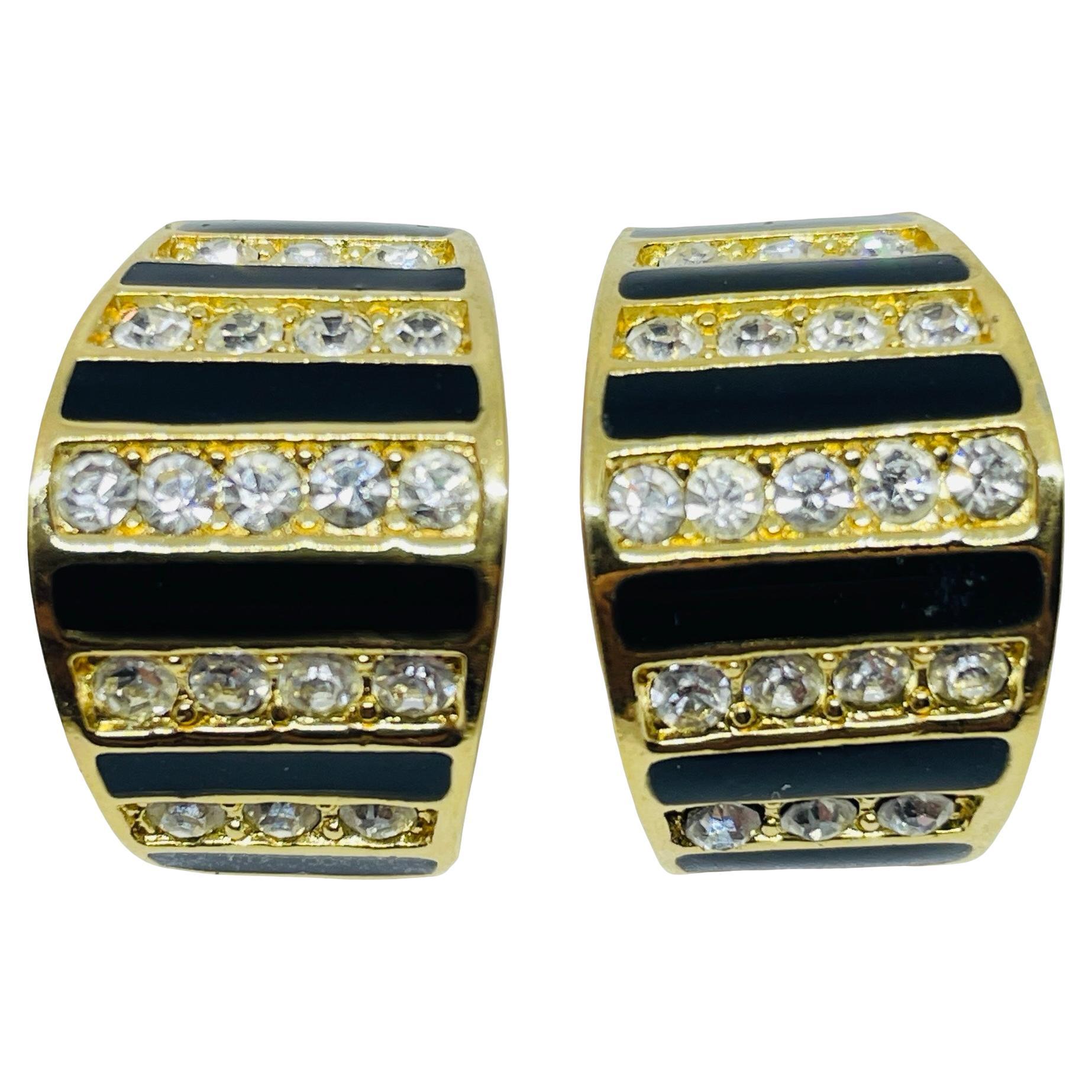 CHRISTIAN DIOR signed gold plated enamel crystal designer clip on earrings