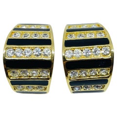 CHRISTIAN DIOR signed gold plated enamel crystal designer clip on earrings