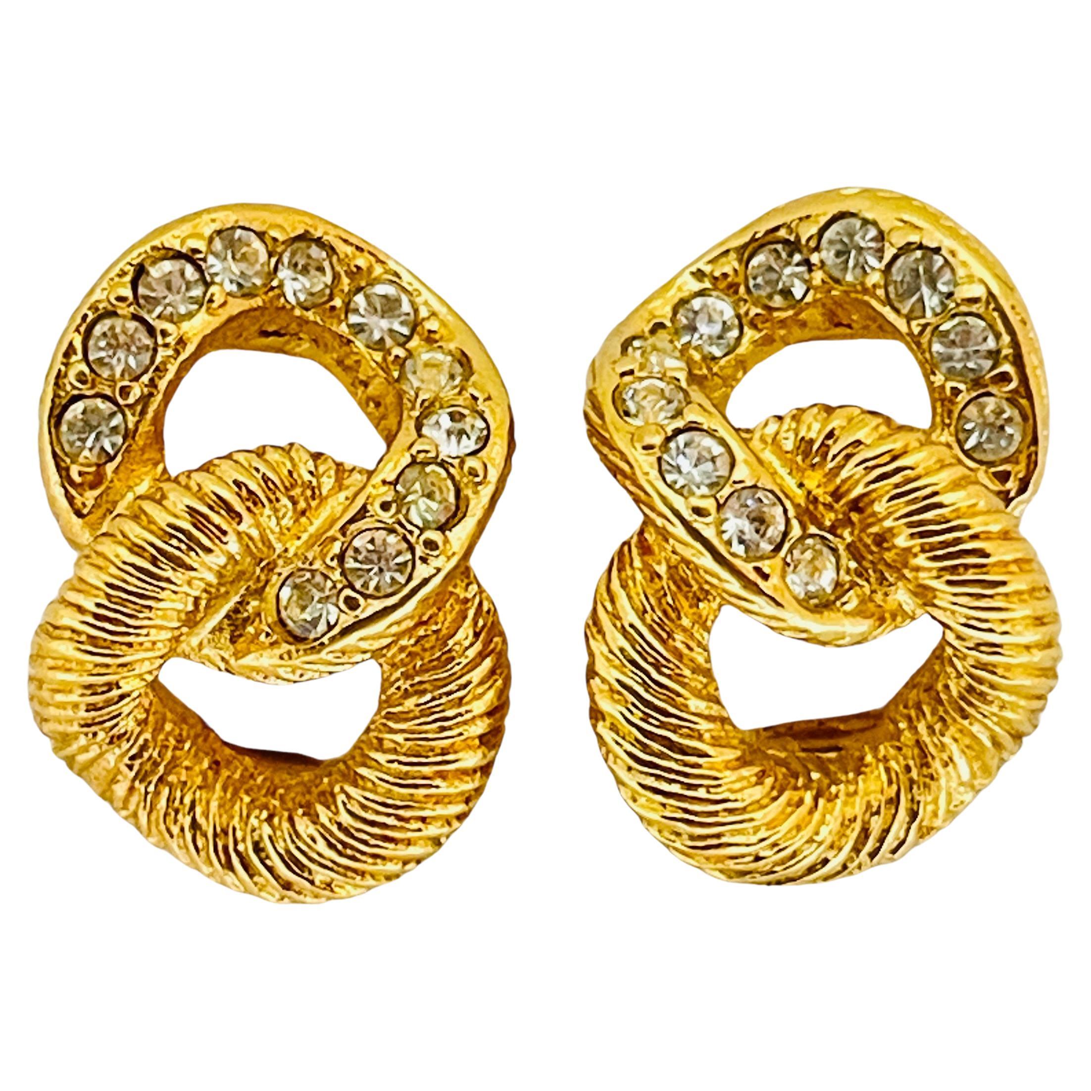 CHRISTIAN DIOR signed vintage gold crystals designer runway clip on earrings