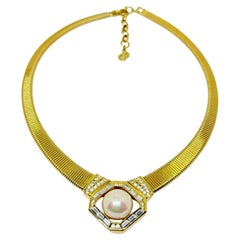 CHRISTIAN DIOR signed vintage gold pearl crystal chain designer 80's necklace