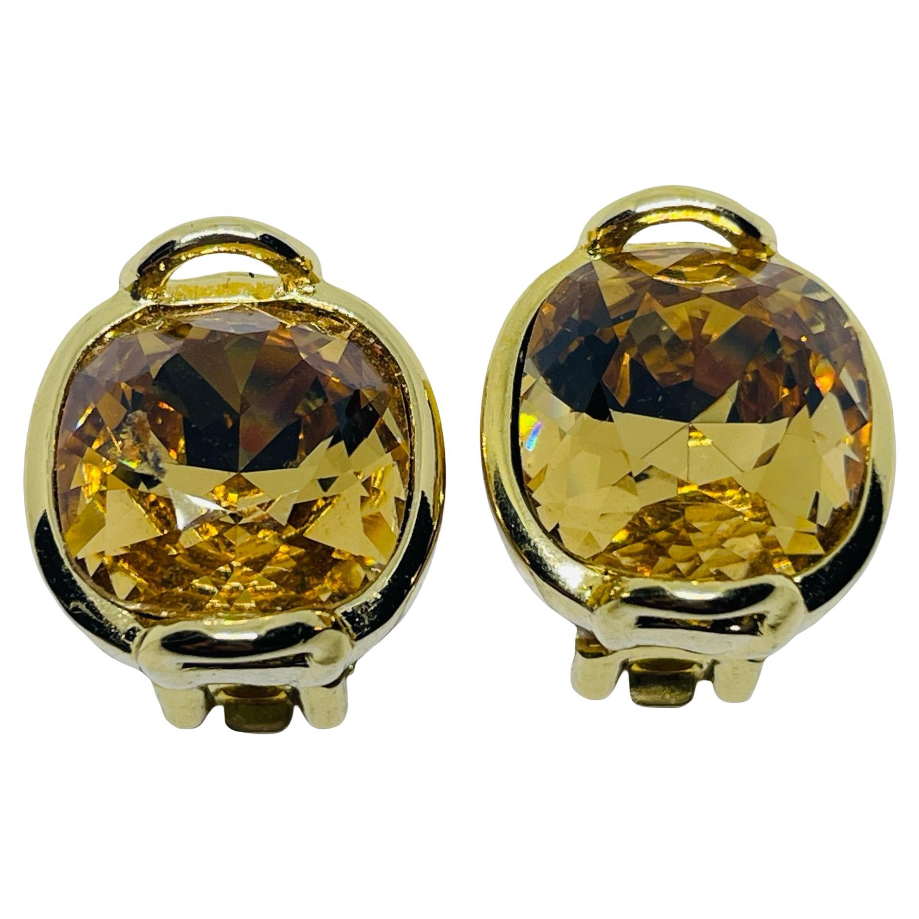 CHRISTIAN DIOR signed vintage gold plated amber crystal designer clip on earring For Sale