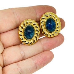 CHRISTIAN DIOR signed vintage gold plated sapphire glass designer clip earrings