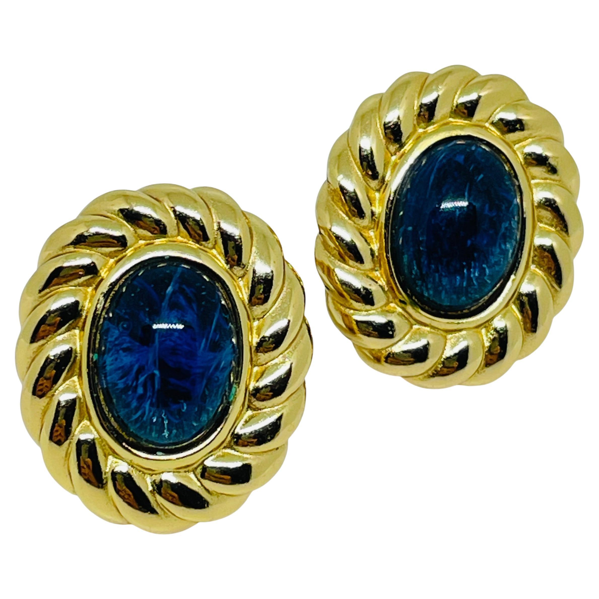 CHRISTIAN DIOR signiert Vintage vergoldet Saphir Glas Designer Clip Ohrringe