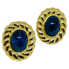 CHRISTIAN DIOR signed vintage gold plated sapphire glass designer clip earrings