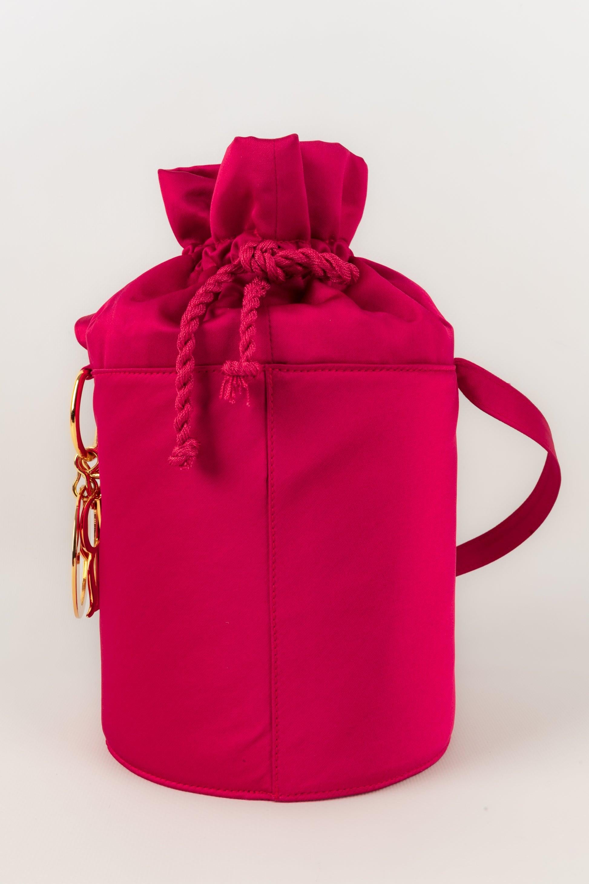 Red Christian Dior Silk Satin Bucket Bag with Golden Metal Trinkets For Sale
