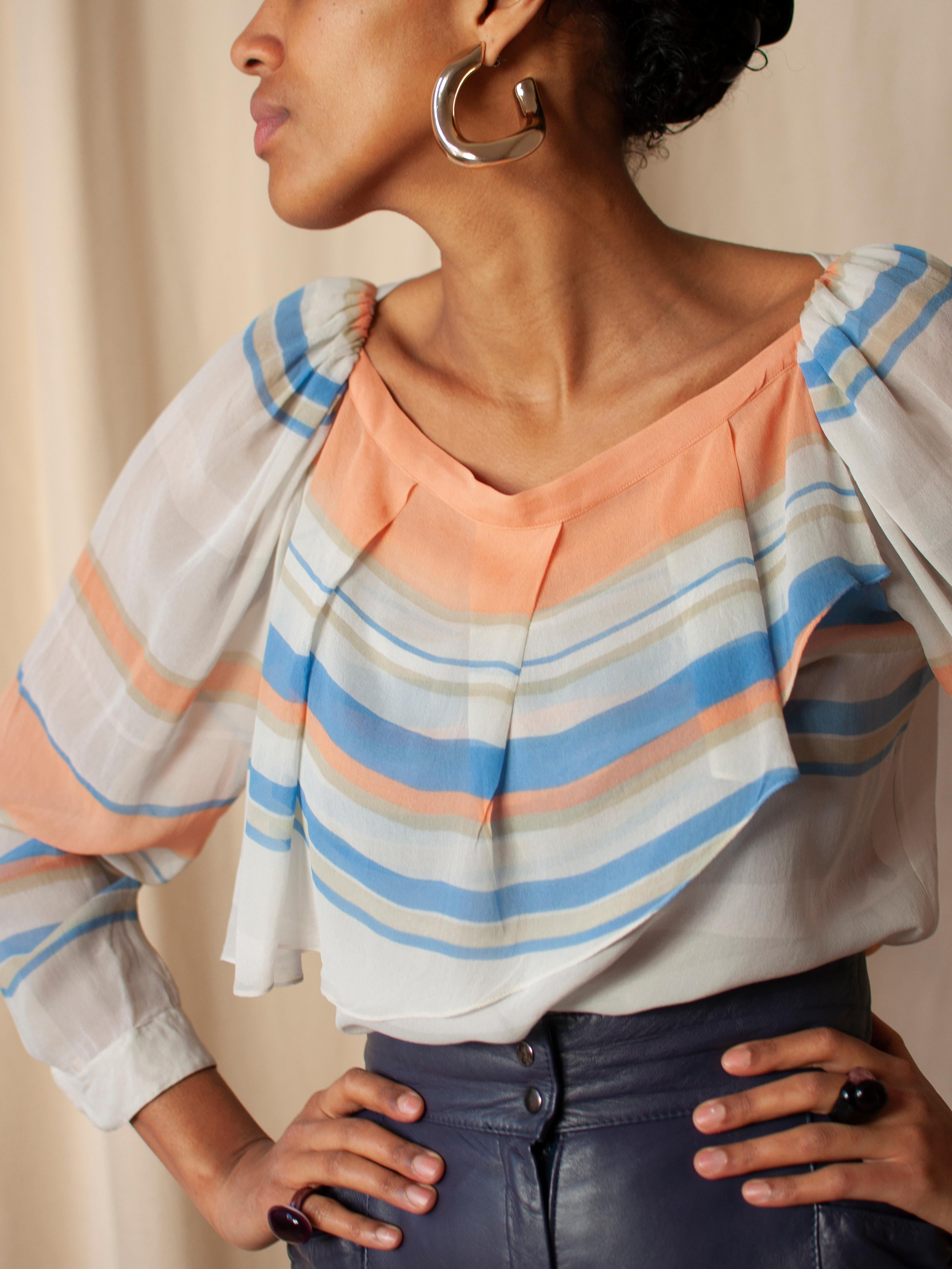 Women's Christian Dior Silk Striped Blouse with Volant Detail by Marc Bohan 1970s For Sale