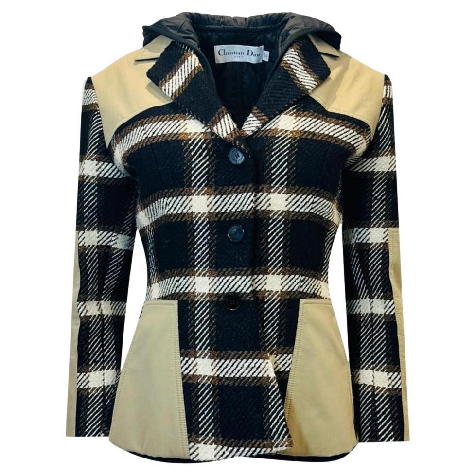Christian Dior Silk & Wool Plaid Check Hooded Coat For Sale