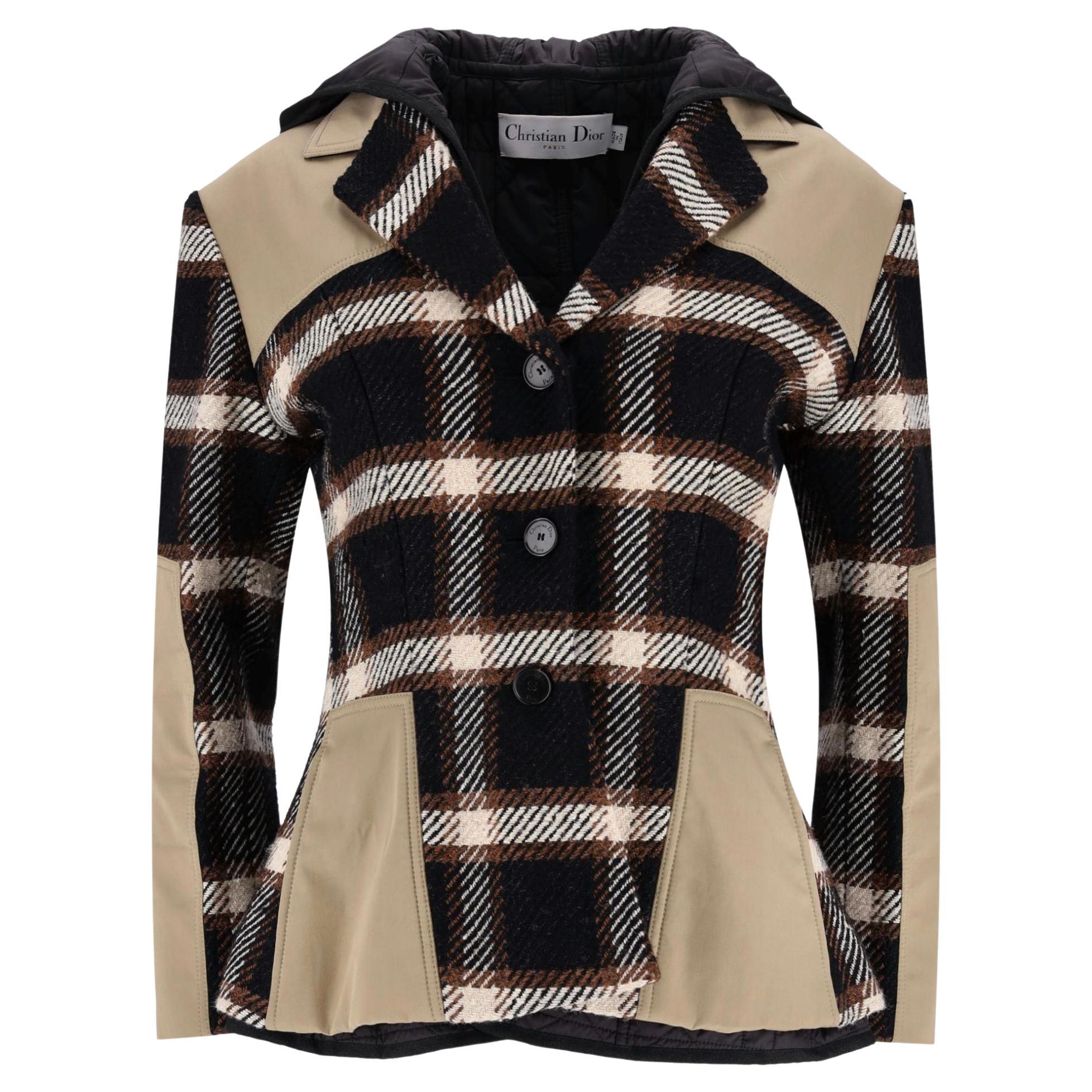 Christian Dior Silk & Wool Plaid Check Hooded Coat For Sale