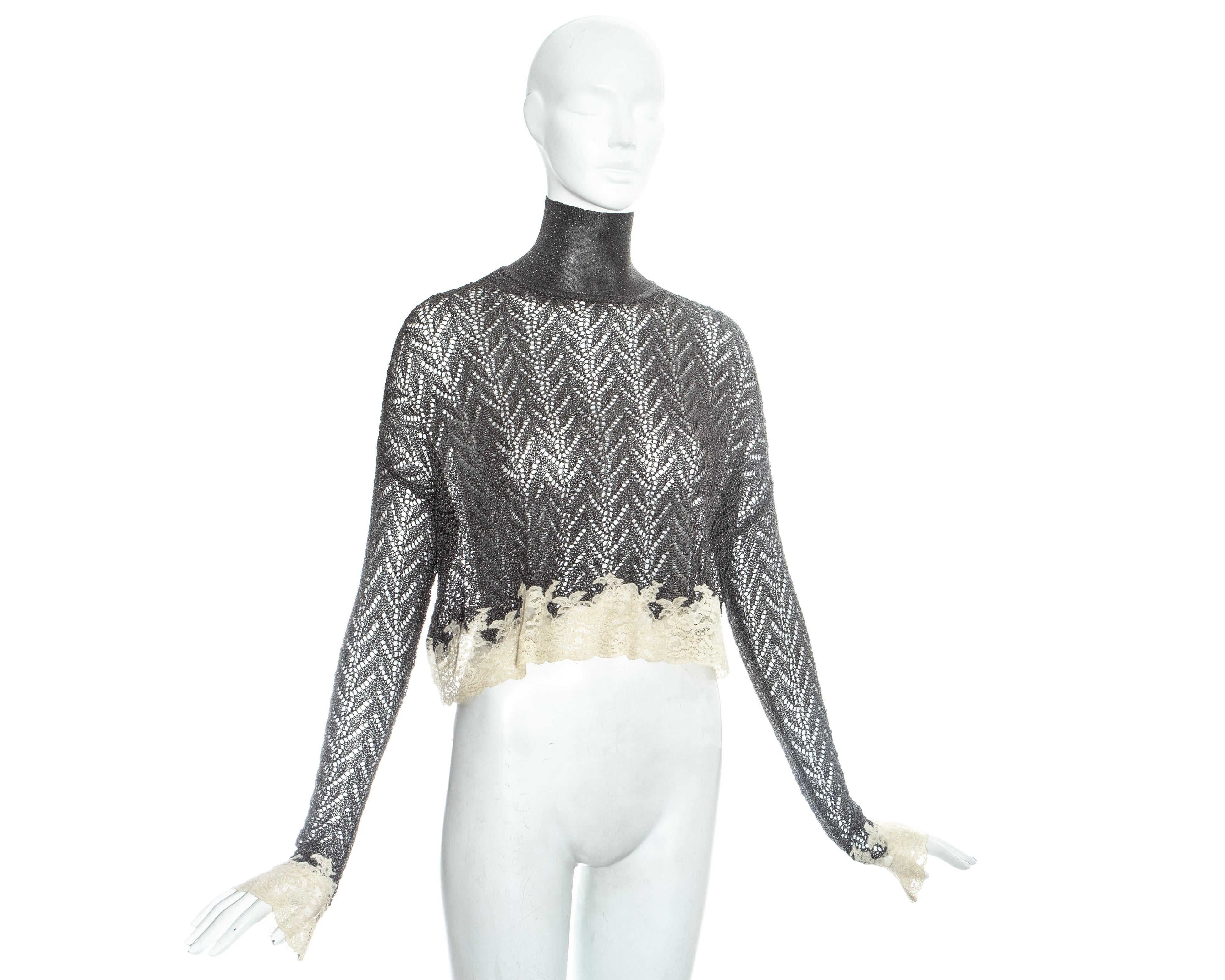 Christian Dior silver crochet knit wide cut turtle neck sweater with cream lace trim

Fall-Winter 1998
