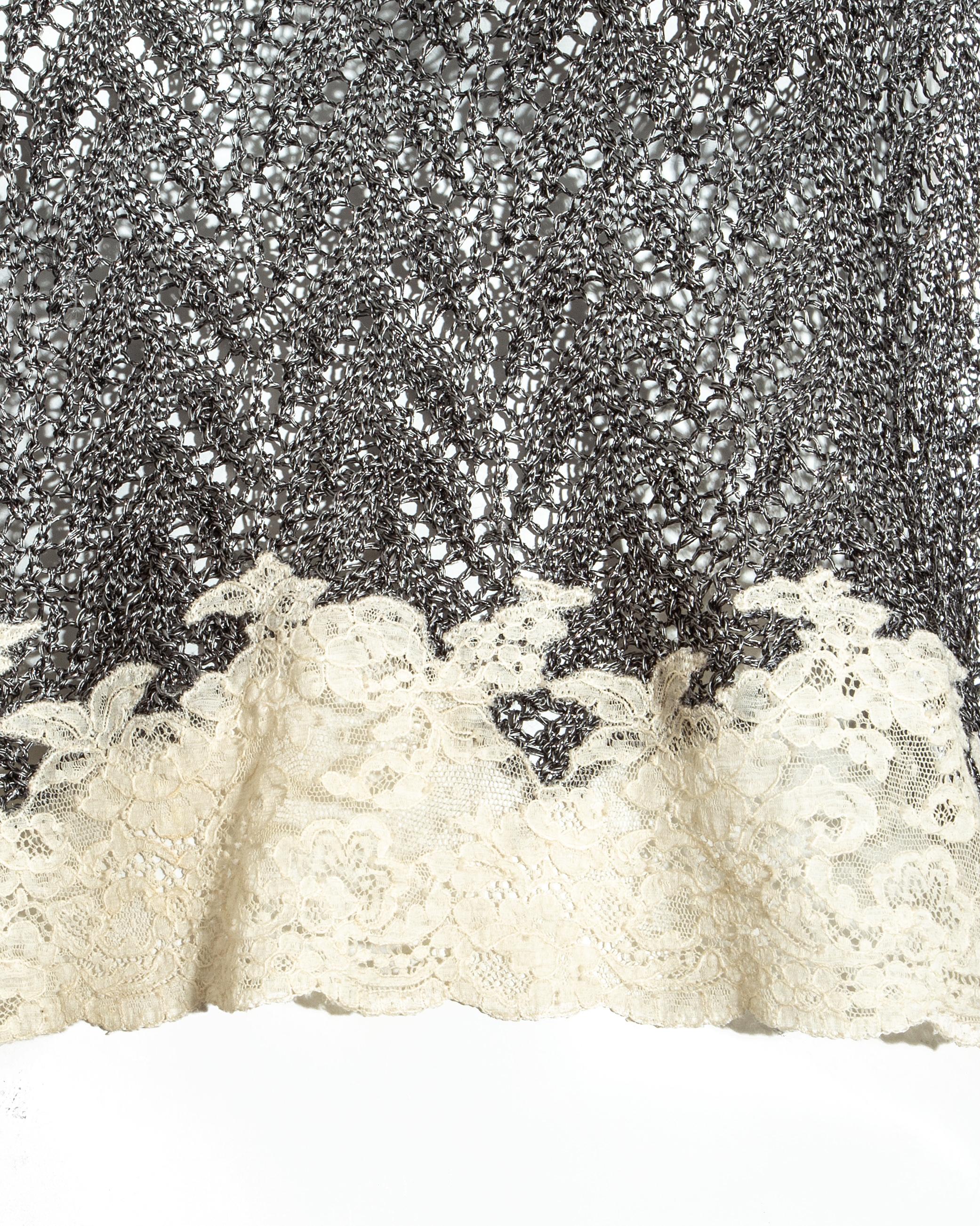 Silver Christian Dior silver crochet knit sweater with cream lace, fw 1998