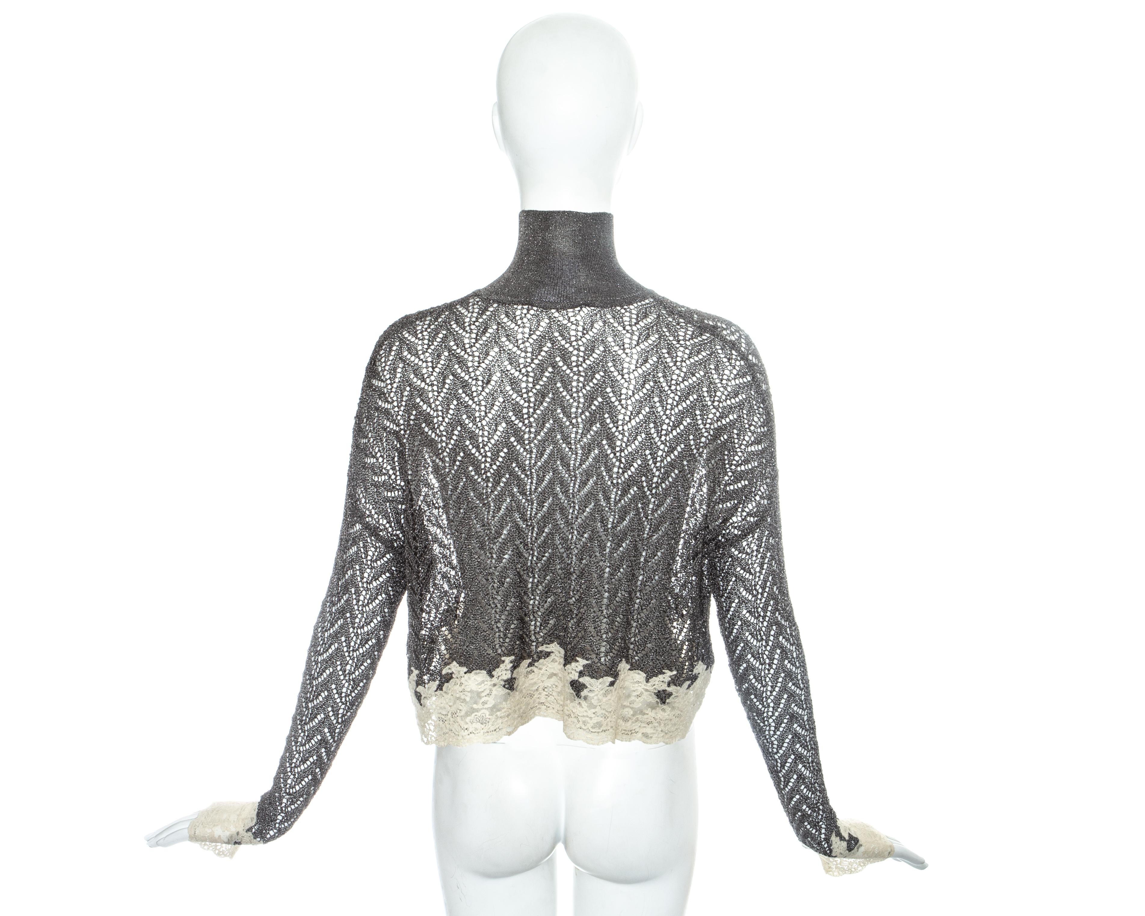 Christian Dior silver crochet knit sweater with cream lace, fw 1998 In Excellent Condition In London, GB