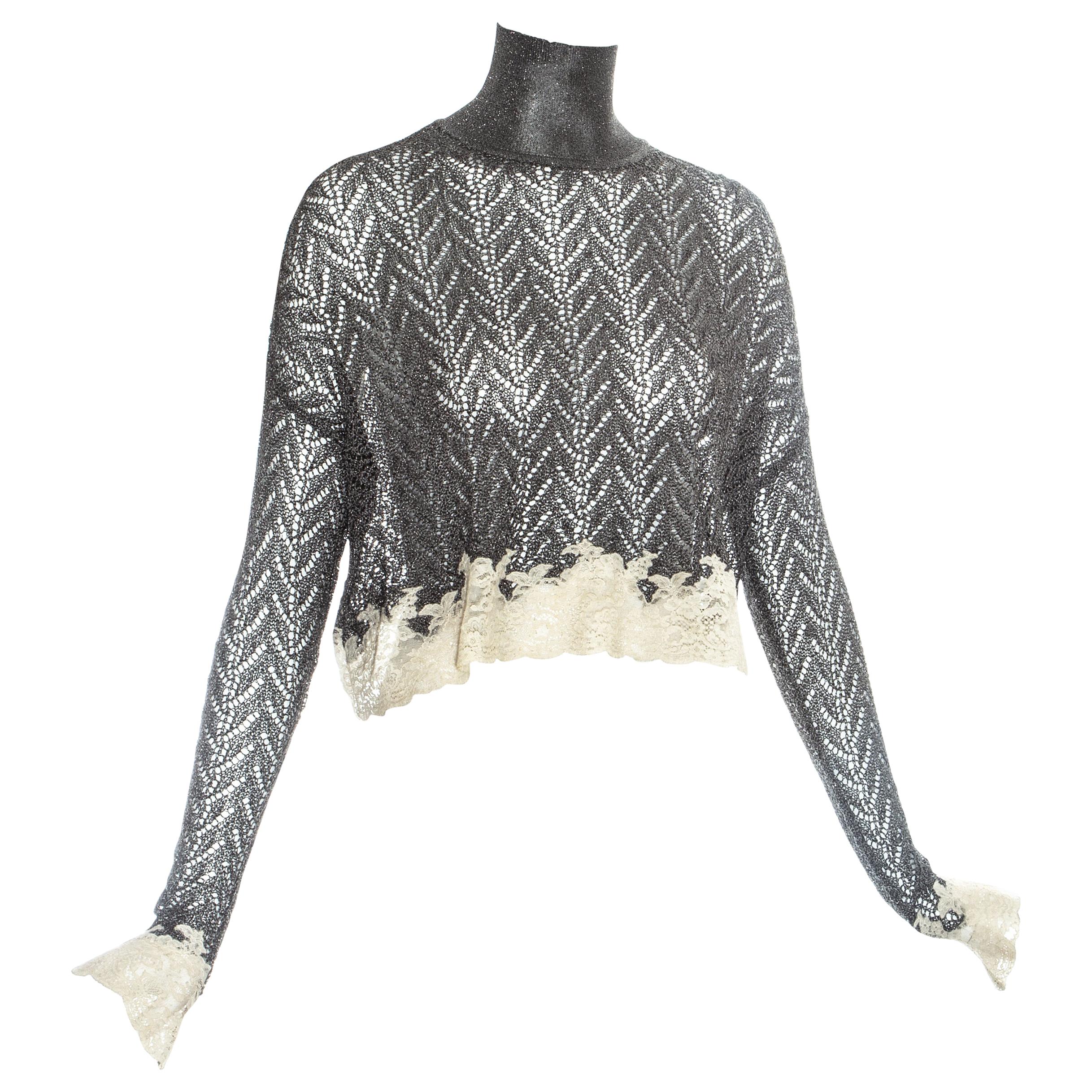 Christian Dior silver crochet knit sweater with cream lace, fw 1998