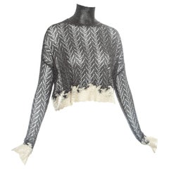 Vintage Christian Dior silver crochet knit sweater with cream lace, fw 1998