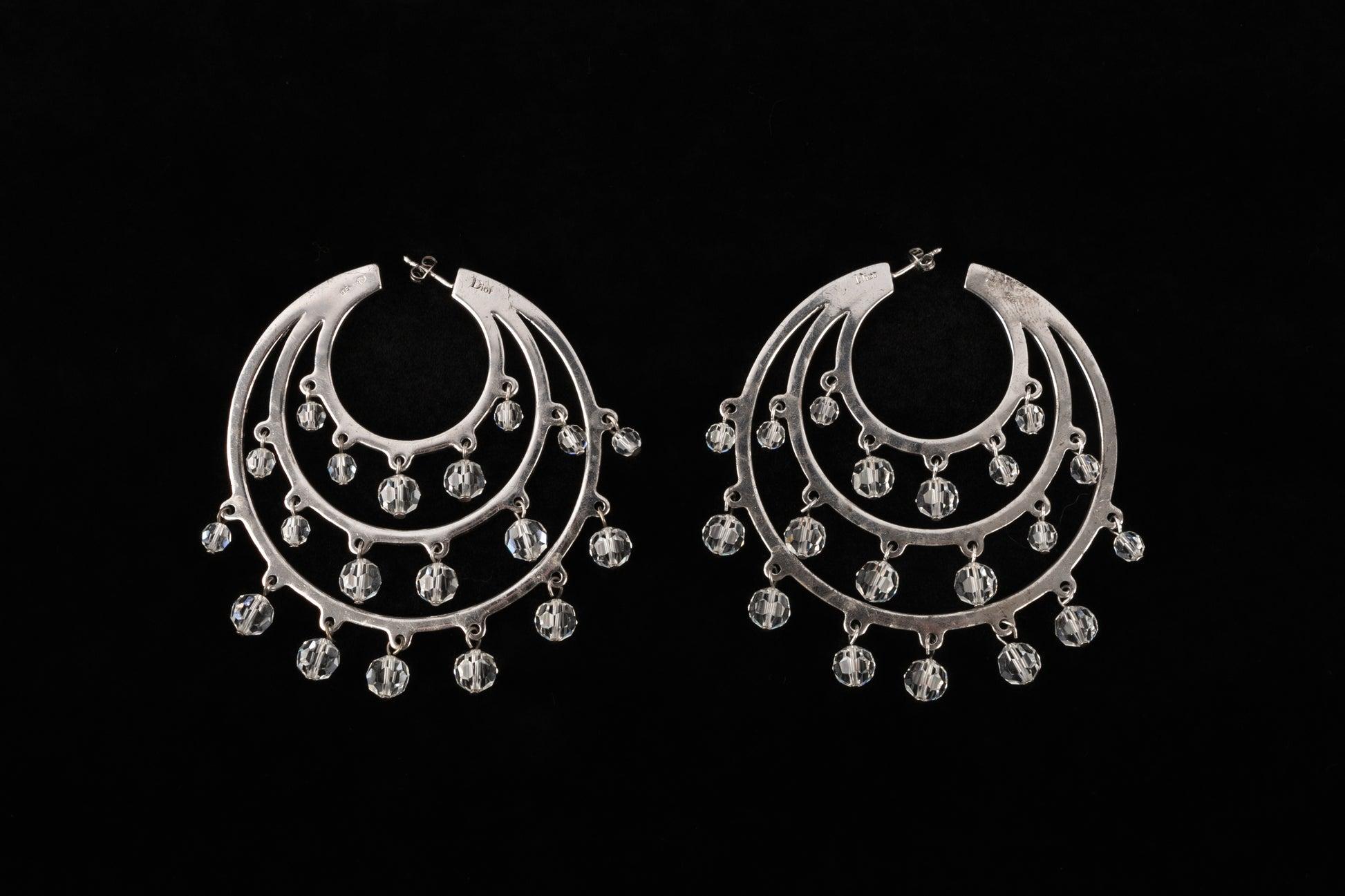 Christian Dior Silver Earrings with Rhinestones and Transparent Pearls In Excellent Condition For Sale In SAINT-OUEN-SUR-SEINE, FR