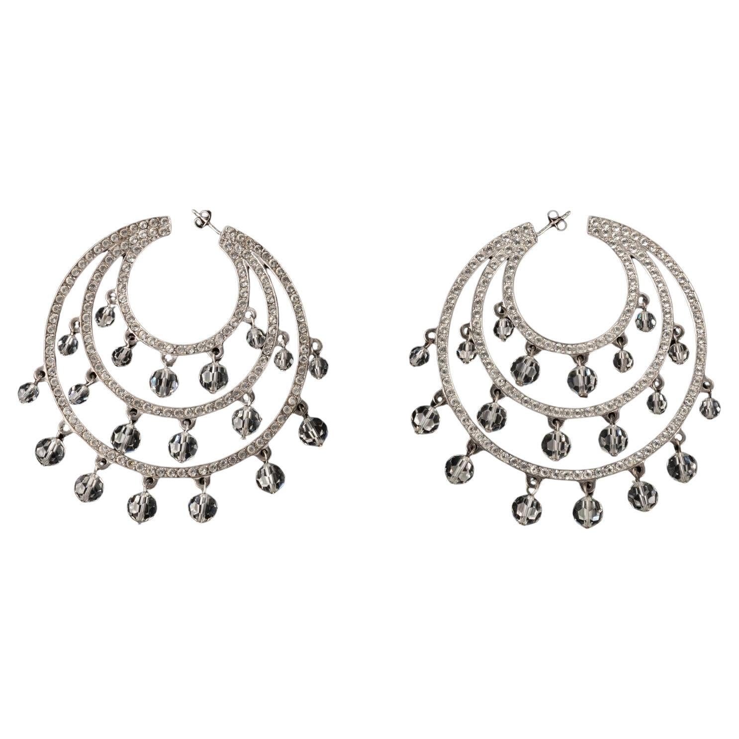 Christian Dior Silver Earrings with Rhinestones and Transparent Pearls For Sale