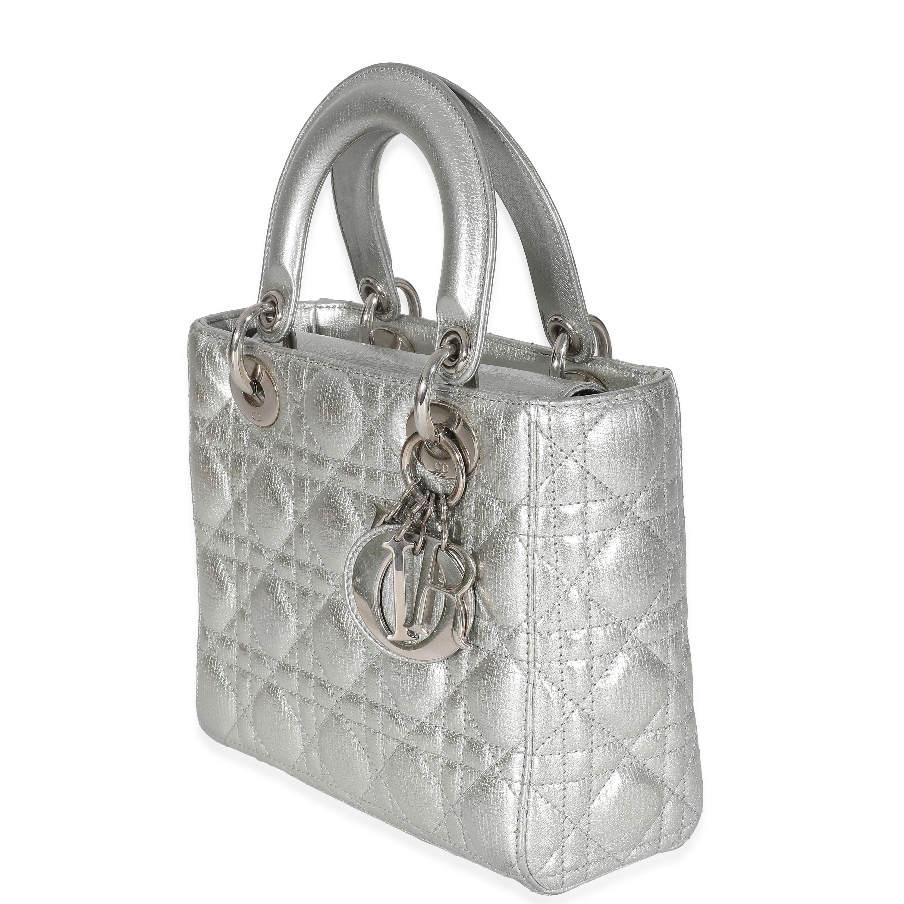 Christian Dior Silver Grained Calfskin Cannage Small Lucky Badges My Lady Dior In Excellent Condition For Sale In New York, NY