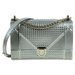 Christian Dior Silber Leder Metallic Micro-Cannage Medium Diorama Klappe Tasche