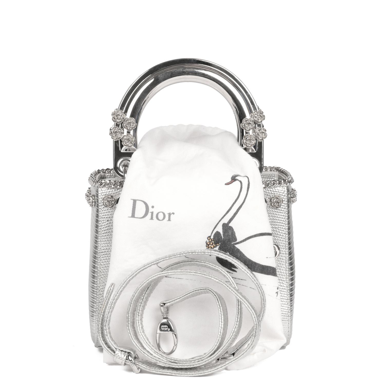 CHRISTIAN DIOR Silver Lizard Leather, Flower Studded Mini Lady Dior  For Sale 4