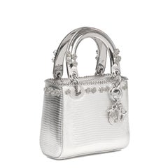 CHRISTIAN DIOR Silver Lizard Leather, Flower Studded Mini Lady Dior