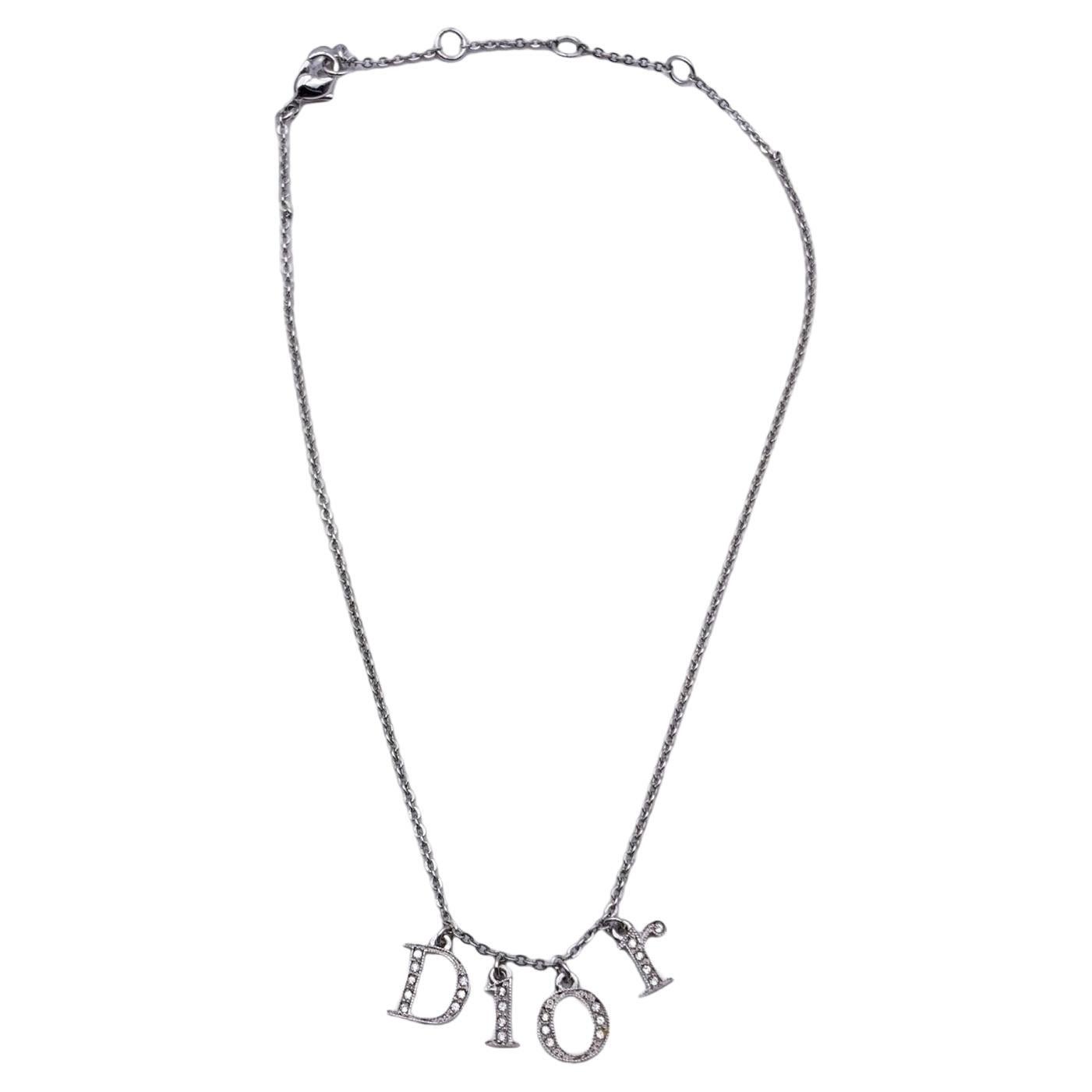 Christian Dior Silver Metal Crystals Letters Charms Chain Necklace