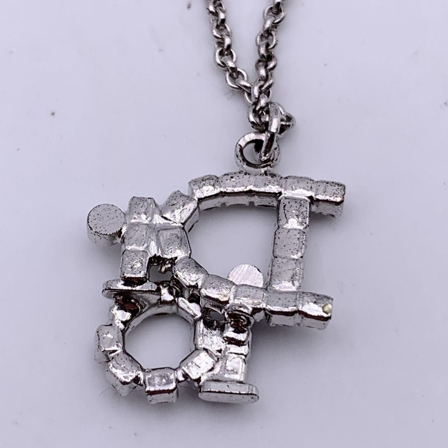 Women's Christian Dior Silver Metal Crystals Oblique Logo Necklace