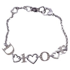 Christian Dior Silver Metal Crystals Spell Out Letter Hearts Bracelet