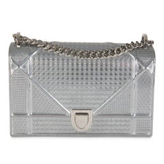 Christian Dior Silver Metallic Micro Cannage Patent Medium Diorama Flap Bag