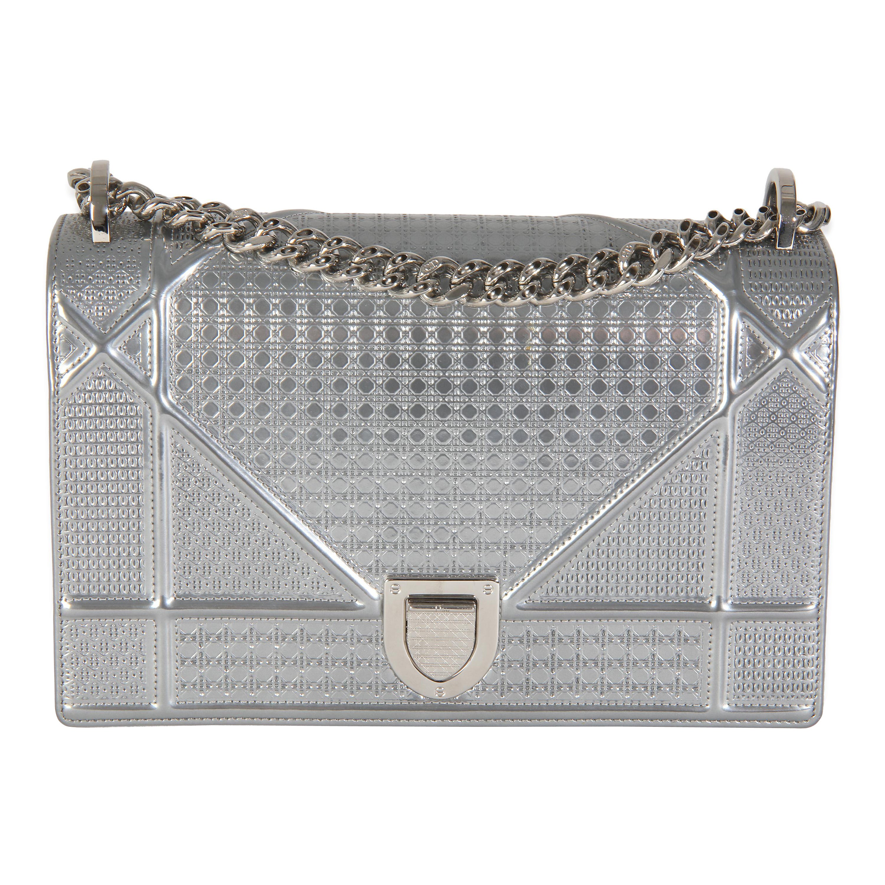 Christian Dior Silver Metallic Micro Cannage Patent Medium Diorama Flap Bag