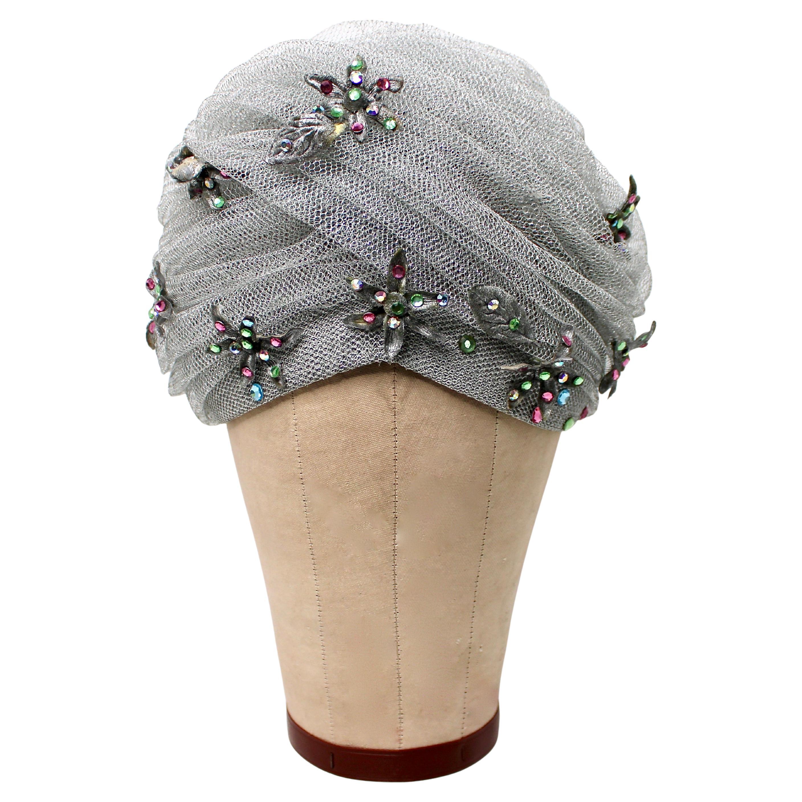 Christian Dior Silver Metallic Tulle Embellished Head Wrap Circa 1960s For Sale