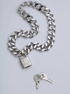 Christian Dior Silver Padlock Necklace with Logo